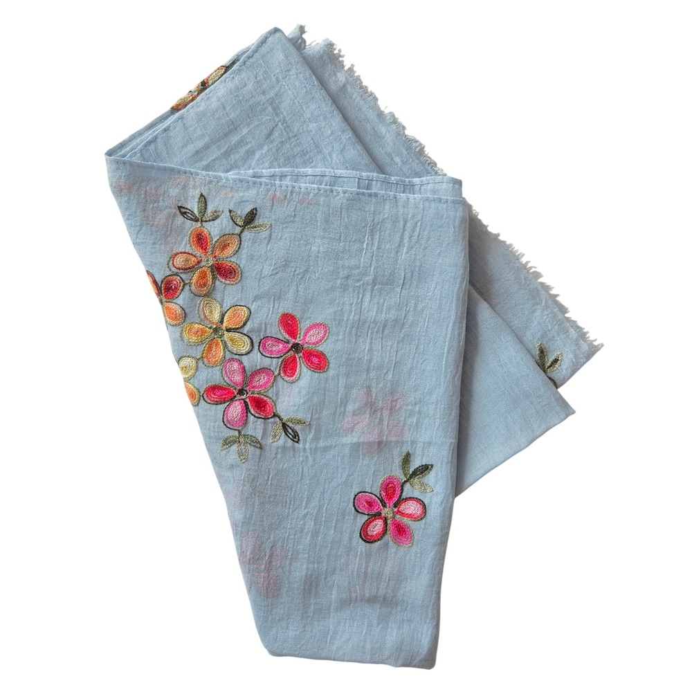 Floral Embroidered Cotton Blend Light Blue Scarf Fringed Crinkle Texture Boho